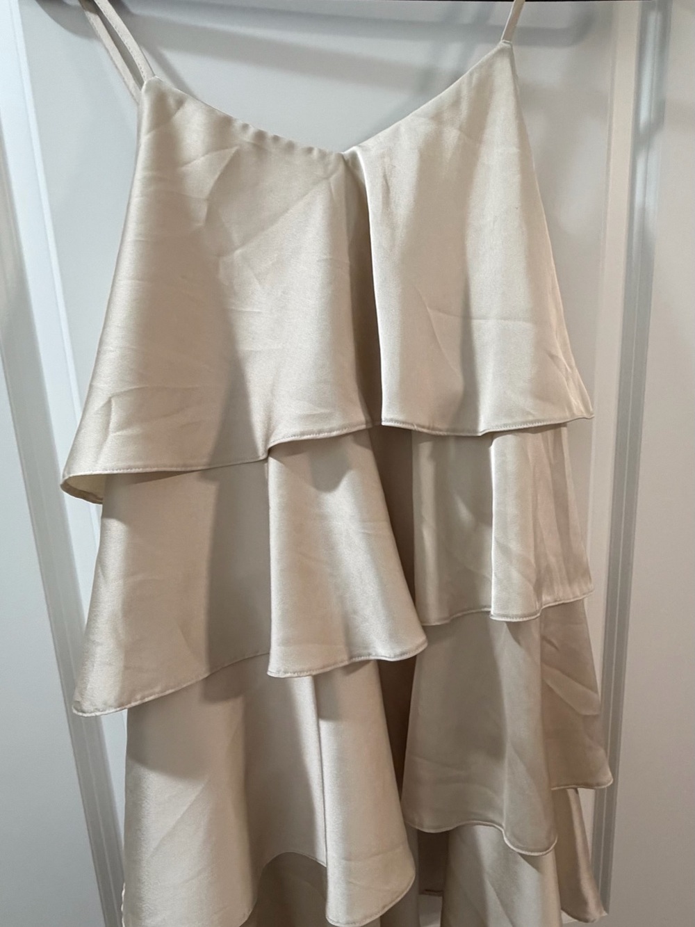 Molly Bracken Cream Tiered Satin High-Low Dress
